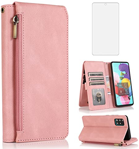 Compatible with Samsung Galaxy A51 4G Wallet Case Tempered Glass Screen Protector Zipper Leather Flip Cover Card Holder Stand Cell Phone for Glaxay A 51 Gaxaly M40S 51A A515F S51 Women Rose Gold