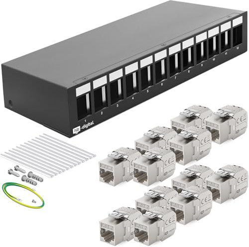 HB-DIGITAL 12-Port Patchpanel Patchfeld Verteilerfeld 1 HE 12x CAT 7 RJ45 Keystone Jack Modul vollgeschirmt STP 10 Gbps Kompatibel mit Verlegekabel Netzwerkkabel Ethernet LAN - Schwarz