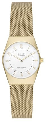 Skagen Grenen reloj para mujer, movimiento Solar con correa de acero o piel, Tono oro y blanco, 26MM