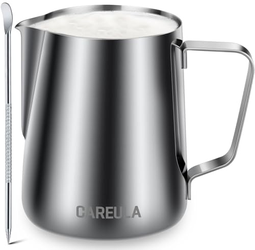 Jarra de espuma de leche, jarra de acero inoxidable de 12 onzas, jarra de vapor, barra de café, capuchino, espresso, accesorios para máquinas de barista, jarra de metal con bolígrafo decorativo para