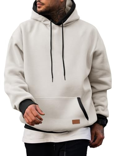 JMIERR 2025 Sweatshirts for Men Cotton Fashion Fleece Long Sleeve Drawstring Hooded Pullover with Pockets Casual Winter Hoodies, 2XL, White