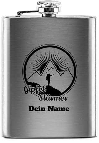 Flachmann mit Gravur aus Edelstahl selbst gestalten - Gipfel-Stürmer - mit Name gravieren - Geschenk Wandern Skifahren - Praktische Taschengröße | Silber, 226 ml
