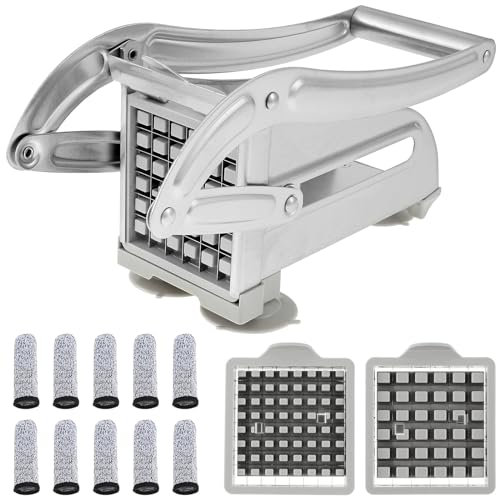 Coupe-Frites, Coupe Frites Manuel, Coupe Frite Professionnel avec 2 Lames de Rechange en Acier Inoxydable et Base D'aspiration Sécurisée pour Pommes de Terre Carottes Concombres Ananas (Argent C)
