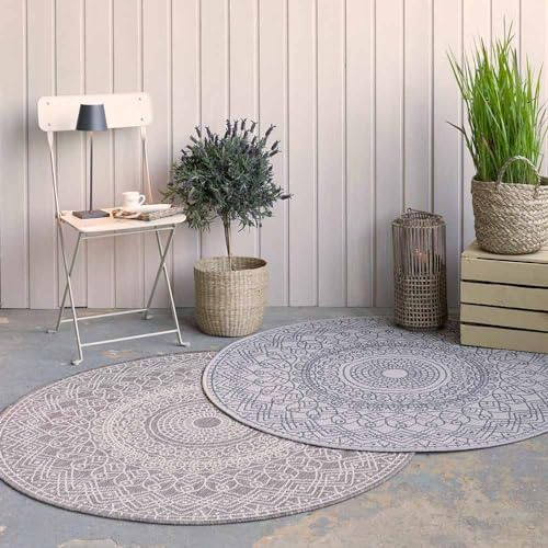 Knutzen Wohnen Palma In- & Outdoor Teppich Rund wetterfest Ø 160 cm Silber hell - Boho Teppich - Mandala Teppich - dekoratives Element für den Innen- oder Außenbereich