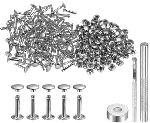 QUARKZMAN 100 Sets 9mm x 16mm Leder Nieten, Metall Doppelkappe Nieten Tubular Runde Druckknöpfe mit 3 Stück Werkzeugen für Handwerk Reparatur Dekoration Gürtel Kleidung (Silber)
