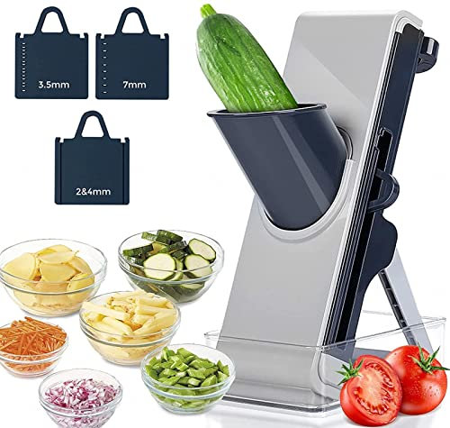 CVNIMV Cortadora de Verduras, para Cortar Verduras, Comida congelada o Salchichas, cortadora de mandolina para, picadora con Recipiente, ajustador de Espesor, Cuchillas múltiples