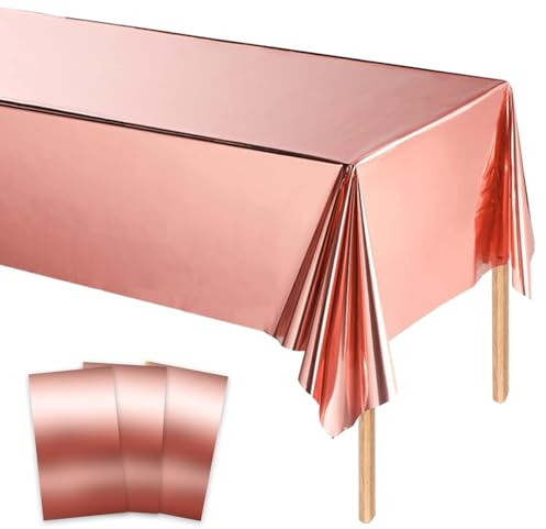 MORAINJAY 3pz Tovaglia Oro Rosa Metallizzata in Alluminio, 137x274cm, Tovaglia Rettangolare per Compleanno, Laurea, Feste Eleganti, Decorazioni Tavola