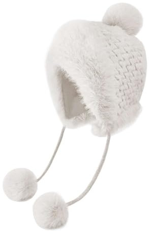 Lifup Winter Fliegermütze Damen Gestrickt Trappermütze mit Ohrenklappen Wintermütze Kunstfell Winddicht Fellmütze Weich Russlandmütze Weiß