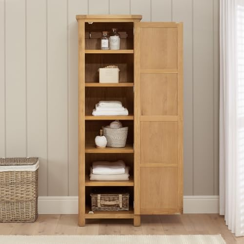 The Furniture Market Marbury Oak | Single Door Linen Cupboard | Tall Shaker Storage Cabinet | Adjustable Shelves & Hooks | Fully Assembled | Country Style | H 1900 x W 600 x D 450mm