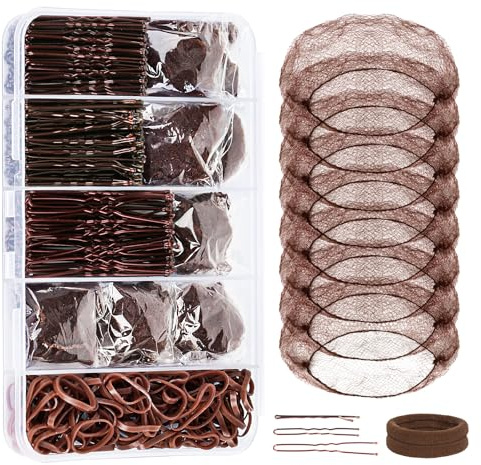 YGQQOY Tanz-Haar-Zubehör-Set, Tanzzubehör mit 100 U-förmigen Nadeln, 50 Haarnadeln, 100 elastischen Gummibändern, 8 unsichtbaren Haarnetzen, 2 Haargummis für Ballett-Dutt, Tanzwettbewerbe, Braun