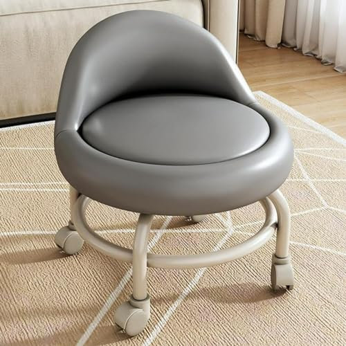Drehbarer Rollhocker mit Rückenlehne für Zuhause, Büro, Friseure, Pediküre, kurzer Sitz, kleine Größe, 360 Grad drehbar, Fußstütze, niedriges Profil, Komfort