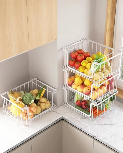 UMDONX 4 Piezas Fruteros de Cocina Metálica Cestas de Alambre Apilable 39,5x32,5x20cm Grande Cesta de Fruta con Asa Almacenamiento de Cocina para Frutas y Verduras(Blanco)