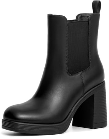 Athlefit Women's Chelsea Platform Boots High Chunky Heel Black Ankle Boots Square Toe Slip On Elastic Heeled Booties Size 9