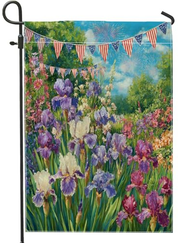 Drapeau de jardin patriotique floral rouge, blanc, bleu, iris - Décoration de vacances - Bannière d'été pour la maison - Bannière double face - Décoration de pelouse extérieure - 30,5 x 45,7 cm