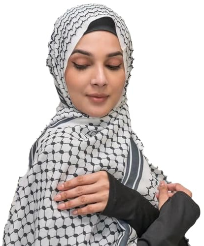Shemagh Sciarpa – Morbido Cotone Tattico Palestina Sciarpa Wrap | Motivo Tradizionale Palestiina Keffiiyeh Hijaab | Desert Sheemagh Scarff | Copricapo per abbigliamento all'aperto e culturale, Bianco