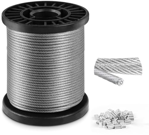 4mm steel wire, plastic coated steel cable 30m, 7x7 Strand Core Multi-Purpose Metal Cable for Gardens, Hanging, Outdoor Use, 550kg Breaking Strength with 30 Aluminum Loops