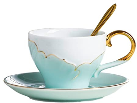 GOOPEEG Petites Tasses Tasse à café Tasse à thé et Soucoupe Ensemble, 200 ML/6,7 oz Tasse à café Tasse à thé avec cuillère et Soucoupe Ensemble, Tasses à thé au Lait café Cadeau Service a Cafe