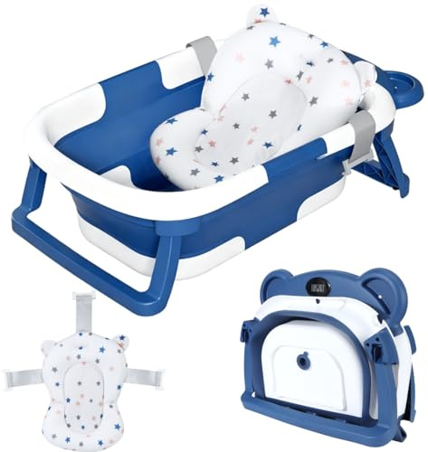 Faltbar Baby Badewanne Mit Rutschfestem Badekissen Baby Bathtub Babywanne Faltbar Babybadewanne Tragbare Wanne Mit Badethermometer von 0-24 Monaten für Neugeborene Kleinkinder