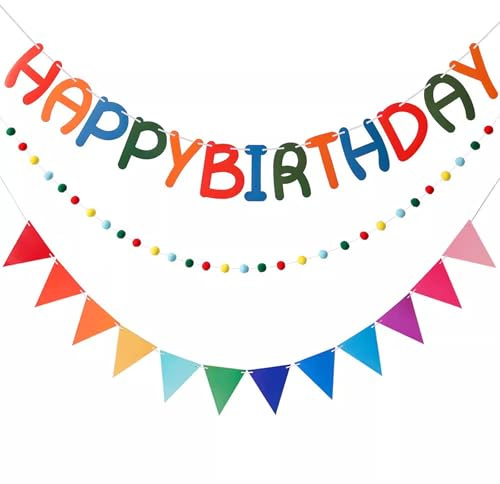 Noaxylic Happy Birthday Banner, Geburtstagsbuchstaben-Banner, Wiederverwendbare Wimpelkette mit Buchstaben und Filzkugeln, Wimpelbanner, DIY Banner Selbst, für Mädchen und Jungen Geburtstagsfeier Deko