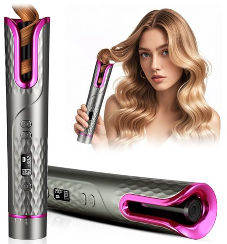 Flintronic Ferro Arricciacapelli Automatico, Ferro Capelli Ricaricabile Senza Fili, 4 Temperature, Antiscottatura Ferro Arricciacapelli Intelligente in Ceramica, con Display a LED e Auto Spegnimente