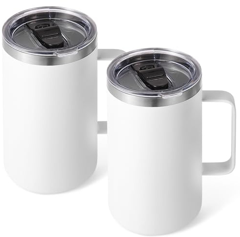 Volhoply 650ml (22oz) Insulated Coffee Mug with Lid and Straw, Stainless Steel Travel Mugs with Handle, Double Wall Vacuum Coffee Tumbler for Hot and Cold Drinks (White,2 Pack)