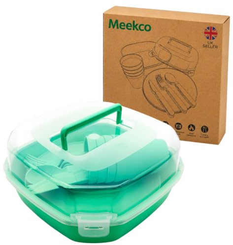 Meekco 20-Piece Camping Dinnerware Set with Insulated Bag, Green | Reusable BPA-Free Plates and Cutlery with Storage Box and Insulated Bag, Microwave and Dishwasher Safe