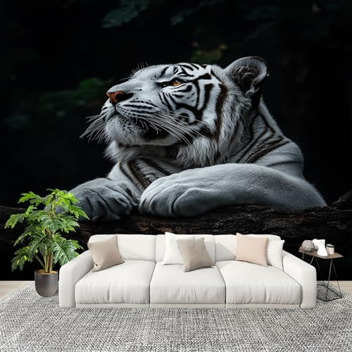 Sala de estar Fotomurales 300x210cm Animal De La Selva Tigre Blanco Tejido No Tejido Fotomurales Negro Mural Se aplica a Pared Panorámico Para Dormitorio TV Pared Murales Póster