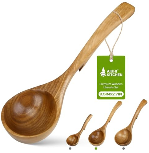AIUHI Medium Wooden Ladle for Soup, Wooden Soup Spoon for Cooking, Non-Stick Teak Wood Serving Spoon
