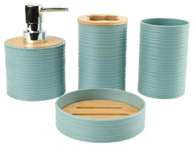 Bathroom nizer Set - 4 Polymer Containers with Bamboo Lid Soap Holder & Toothbrush Stand Horizontal Wave Design No Drill Stylish Storage Solution for Home