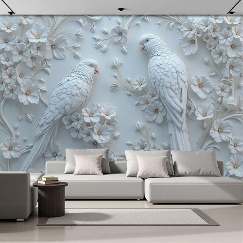 DACRWEKZ Carta Da Parati Fotografica Due uccelli e fiori, Arte naturale Bianco Carta Da Parati Fotomurale per Soggiorno Camera Da Letto Studio Decorazione Da Parete, 350x256cm