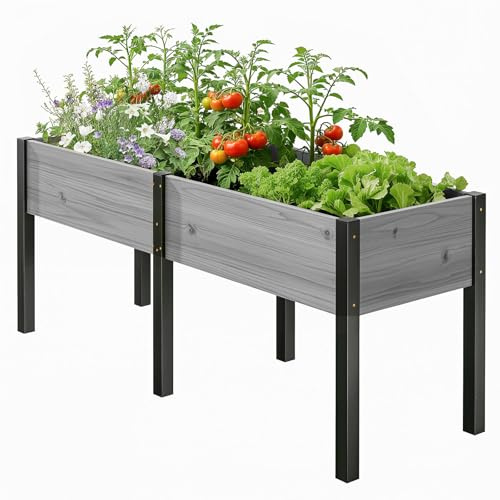SUNYRISY Dual Hochbeet für Balkon und Garten mit Metallbeine, 180x60x80cm Holz Pflanzkasten Blumenkasten Kräuterbeet Tannenholz Pflanzbeet Blumenbeet Hochbeete-kit für Terrasse, Grau