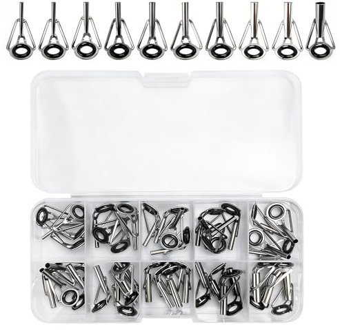 Udbrud 50 Stück Rutenspitzen Reparaturset, Angelrute Reparatur Kit mit Kunststoffbox, Angelruten Spitzenring Edelstahl Ersatz Rutenspitzen für Süßwasser Salzwasser Angelliebhaber