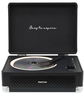 PRIXTON Lecteur CD Portable avec Bluetooth, Radio FM et AUX, Haut-Parleur 6 W (2x3 W), Compatible CD/MP3/WMA, Batterie Rechargeable 3000 mAh, Sortie Casque, Design Mallette (Noir)