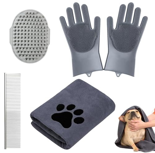 FENGCHUANG Pack of 4 Dog Washing Set 4-in-1 Pet Care Set with Dry Towel Washing Gloves Dog Brush Massage Brush for Cleaning Fur Removal and Care of Your Pet