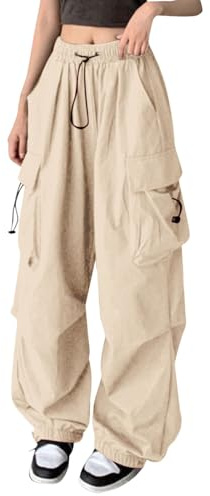 Generiska cargobyxor dam baggy Y2K, sommarbyxor dam lätta långa breda ben, med dragsko och fickor sportbyxor elastisk midja, cargobyxor streetwear fritidsbyxor bekväma enfärgade joggingbyxor, Beige, S