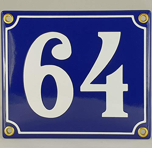 Emaille Schild Hausnummer 64 Blau-Weiß Handarbeit