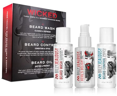 Billy Jealousy Wicked Beard Trio Kit with Beard Wash, Leave-In Conditioner and Devil’s Delight Oil to Cleanse, Nourish, Soften & Strengthen your Facial Hair, Warm Vanilla Scent