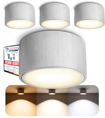 SSC-LUXon 4er Set CELI-X LED Decken Aufbauleuchte extra flach - Alu gebürstet mit LED Leuchtmittel warmweiß 3W für 230V