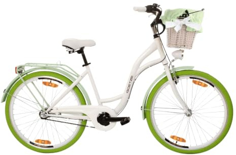 Goetze Style Damen Citybike 26/28 Zoll, Retro Fahrrad mit 3-Gang | 17/18 Zoll Tiefeinsteiger, Shimano Nexus Nabenschaltung mit Rücktritt, LED-Beleuchtung, Rattankorb, Gepäckträger & Klingel