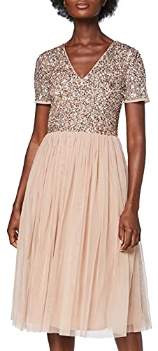 Maya Deluxe Vestido de Noche Midi Adornado para Mujer, Cuello en V con Manga Corta para graduación, Boda Dama de Honor, Rubor Taupe, 44