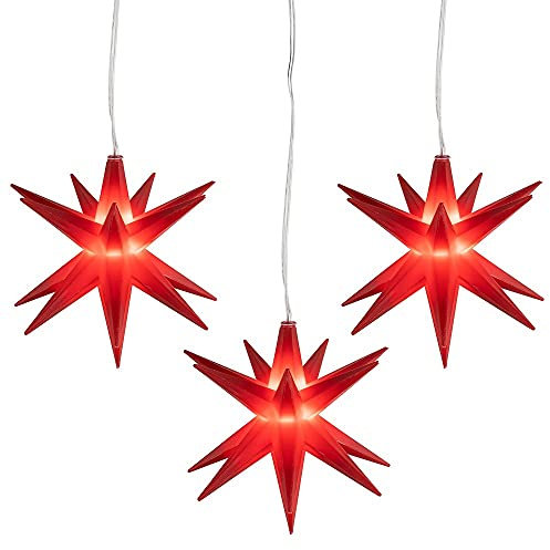 Ideen mit Herz LED-Stern, 3 Stück in Rot, batteriebetrieben, Ø10cm | Timer-Funktion: 6 Stunden AN | 18 Stunden AUS | Kabellänge: 1,5m | mit 16 Strahlen & 1 LED-Licht in Warmweiß | Deko zu Weihnachten