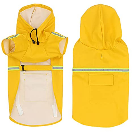 Großer Hunde-Regenmantel, verstellbar, wasserdicht, leichte Regenjacke, Poncho-Kapuzenpullover mit Beinen, Streifen, reflektierend, Gelb, Größe 4XL