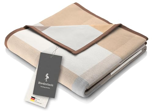 biederlack® Kuscheldecke Pure Cotton Karo - beige, Sofadecke in 150x200 cm | Made in Germany, Couchdecke aus 100% Baumwolle, beige-braun karierte Wohndecke, flauschige Tagesdecke, OEKO-TEX Made in Green
