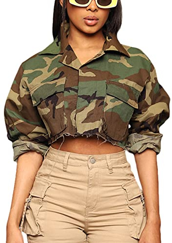 VDWIP Camo Jacket for Women Cropped Denim Bomber Jacket Army Fatigue Camouflage Jacket Coat(45-ArmyGreen-M)