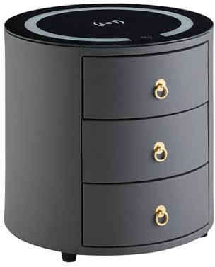 TUKAILAi Luxurious Round Bedside Table with Wireless Charging Faux Leather Covered Nightstand with 3 Solid Wood Drawers Bedroom Cabinet with LED Light for Home Bedroom