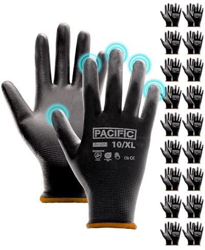 PACIFIC PPE 18 Paar Arbeitshandschuhe für Herren und Damen, 10/XL, Schwarz | Leichte Schutzanforderungen, rutschfeste Griffigkeit, Atmungsaktiv, Touchscreen, Werkstatt, Wartung, Gartenarbeit, Mechanik