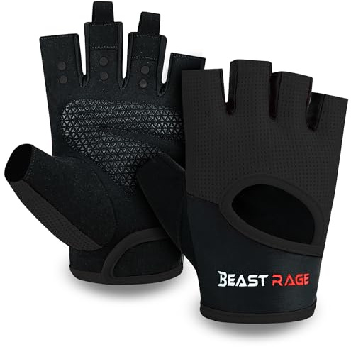 BEAST RAGE Guanti da fitness traspiranti per uomo e donna, guanti per sollevamento pesi, bodybuilding, palestra, esercizio antiscivolo, crossfit bodybuilding, ciclismo (S, NERO)