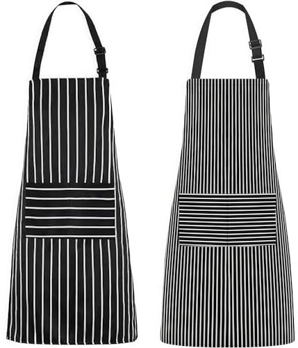 ZEACCT 2 Delantales de Algodón A Rayas, Delantal Ajustable de Cocina, para Mujeres y Hombres, Negro