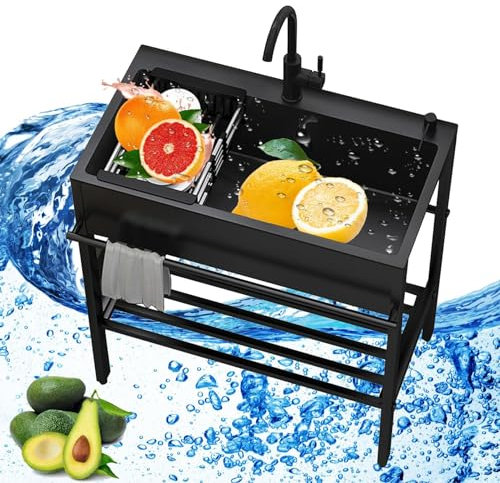 Spülbecken Edelstahl Schwarz, Freistehende Garten Waschbecken Waschtrog, Multifunktions Waschtisch Mit Wasserhahn, Mobile Spüle Mit Unterschrank, Handwaschbecken Für Waschküche (Size : 80x45x86cm)