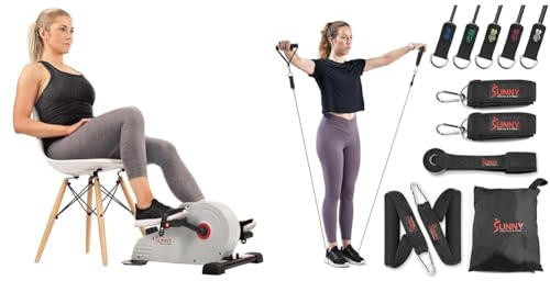 Sunny Health & Fitness Magnetic Under Desk Pedal Exerciser, Dual Function Mini Exercise Cycle Bike + Premium Resistance Band Set with Door Anchors, Wrist Straps, Handles & Carry Bag